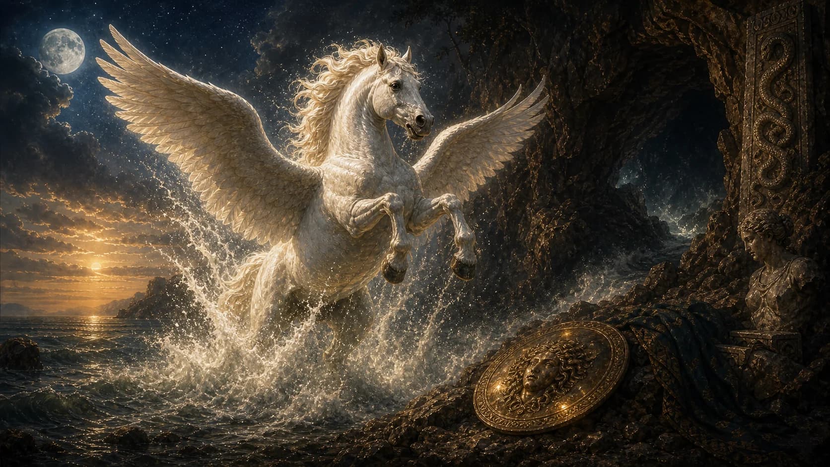The winged horse Pegasus bursting from the sea beside a shield bearing Medusa's face