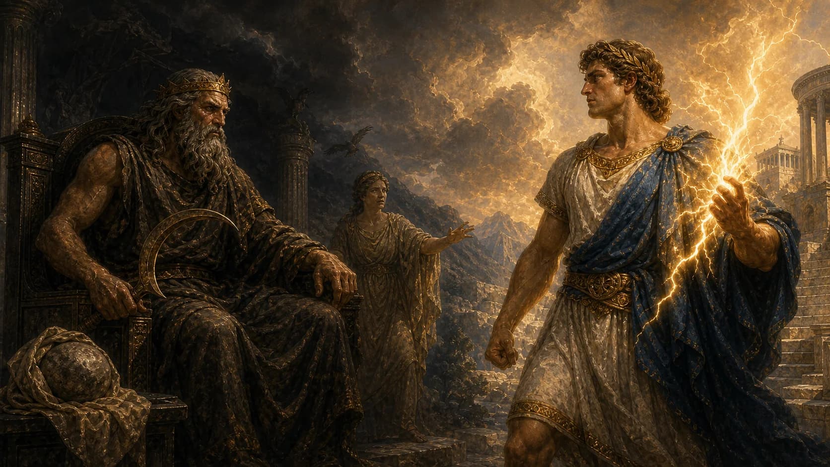 Cronus swallowing his children to escape the prophecy of his overthrow