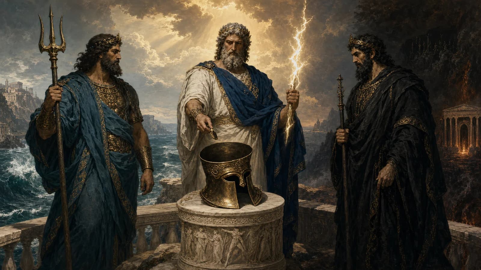 Zeus, Poseidon and Hades drawing lots from a helmet to divide the cosmos