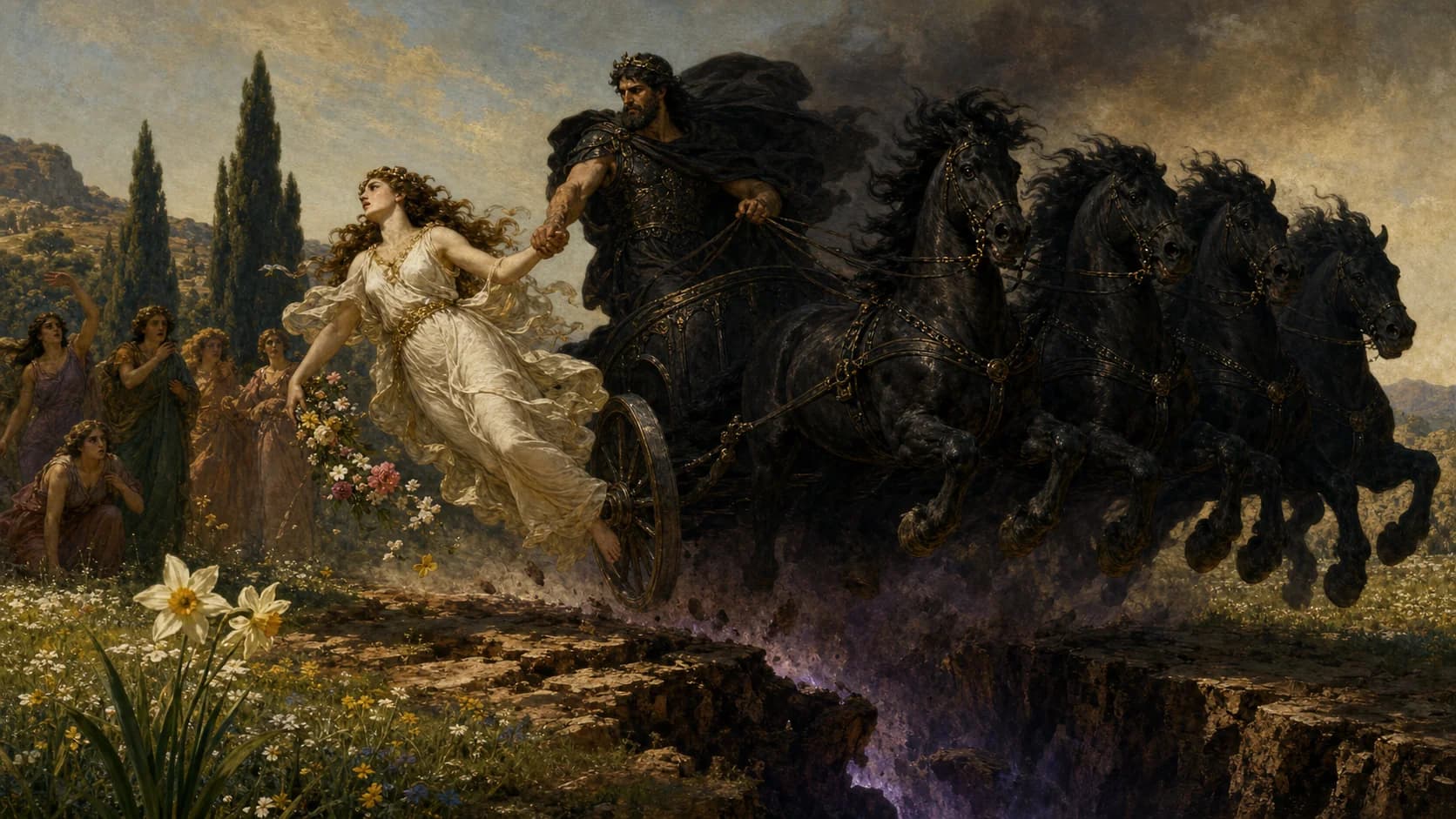 Hades carrying Persephone away in his black chariot as the earth splits open and her companions look on