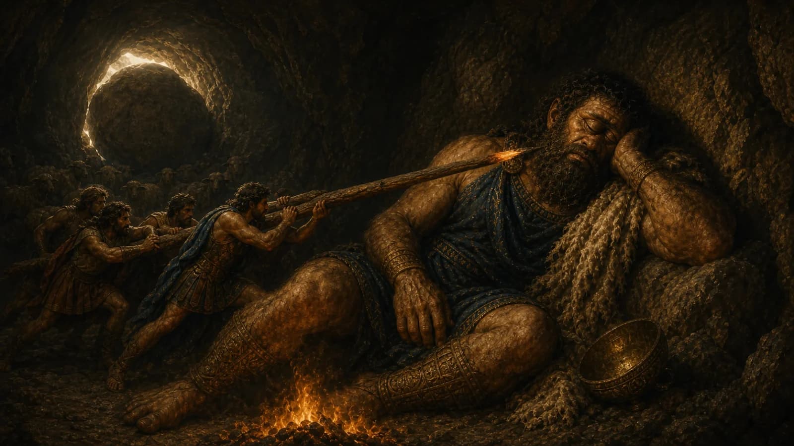 Odysseus and his men driving a burning stake toward the eye of the sleeping Cyclops Polyphemus in his cave