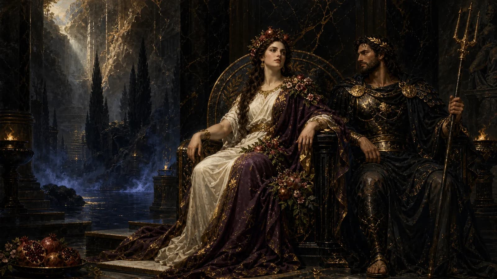 Persephone crowned with pomegranates, enthroned beside Hades in the underworld