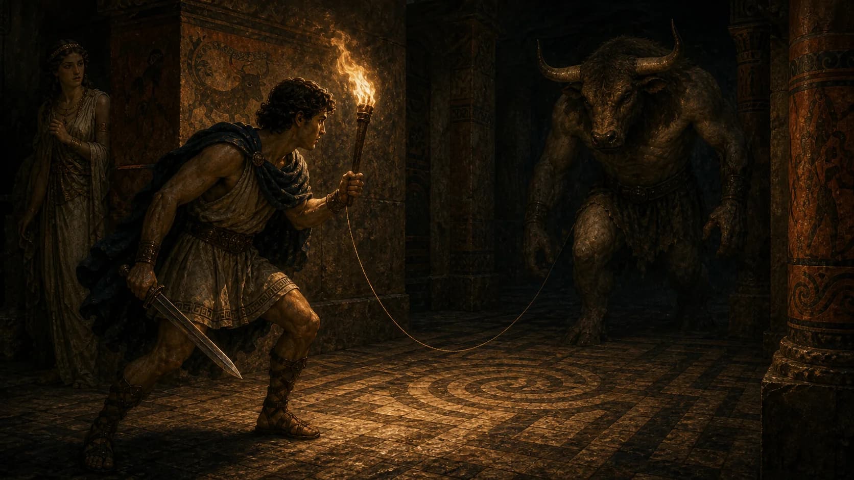 Theseus fighting the bull-headed Minotaur inside the stone corridors of the Cretan labyrinth