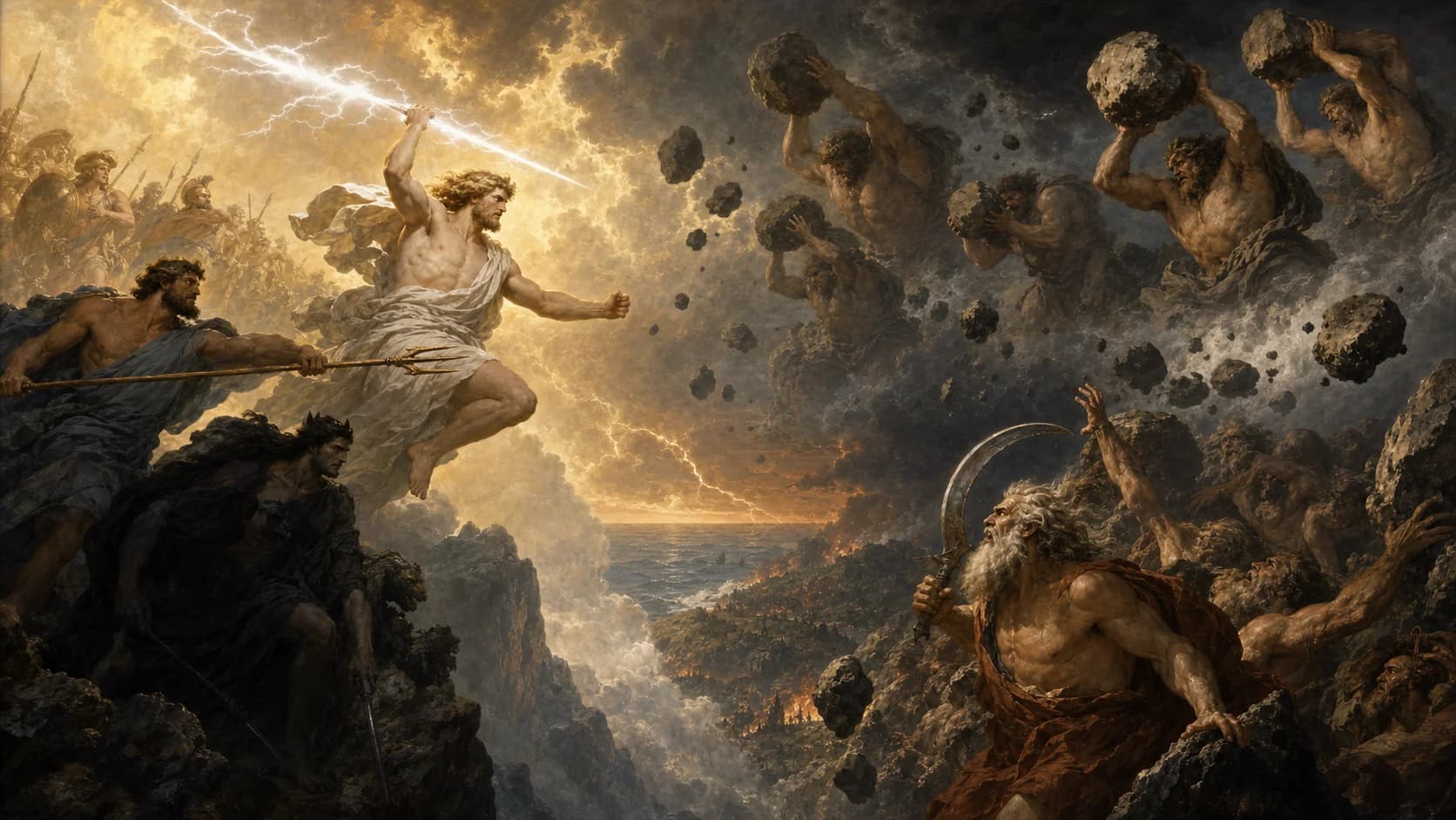 Zeus hurling a thunderbolt at Cronus and the Titans during the Titanomachy